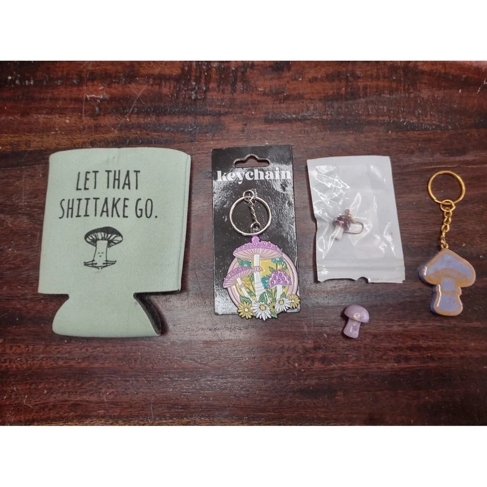 Mushroom Lover Gift Set – Keychains, Earring, Mini Figurine & Koozie 